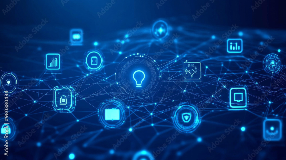 Poster iot landing page. internet of things devices and connectivity concepts within a network. a web of ne