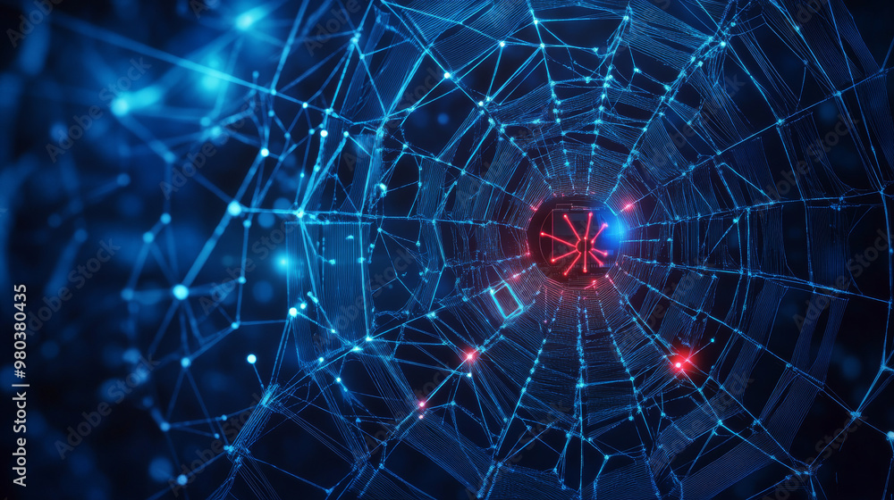 Poster iot landing page. internet of things devices and connectivity concepts within a network. a web of ne