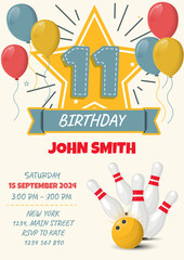 Children's birthday invitation card with bowling ball and pins. Vector illustration. 11 st