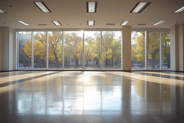A large, empty room with a lot of windows