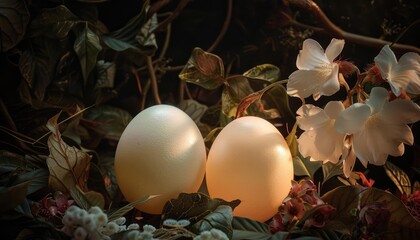 Two white eggs nestled in a bed of leaves and flowers.
