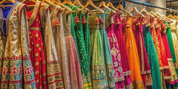 Vibrant Indian fashion dresses adorned with intricate embroidery and sequins hang from metal rods in a bustling retail shop, showcasing a treasure trove of cultural elegance.