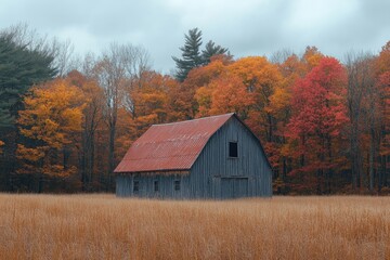 Old barn standing in front of forest with vibrant colors during autumn