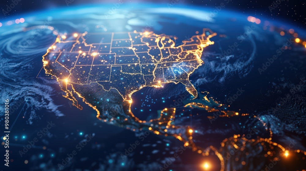 Poster abstract image of the united states glowing on a dark background with connecting lines and dots