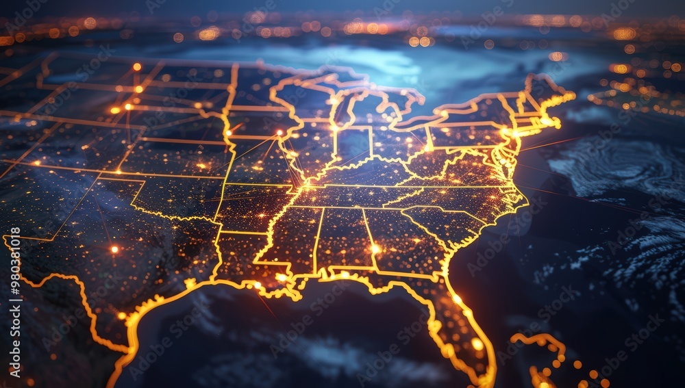 Aufkleber abstract image of the united states glowing on a dark background with connecting lines and dots