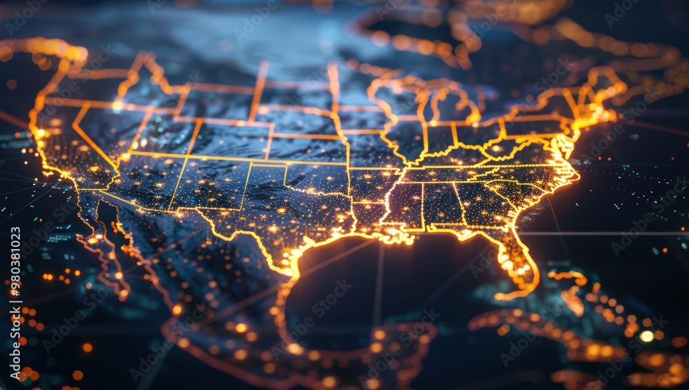 Aufkleber abstract image of the united states glowing on a dark background with connecting lines and dots