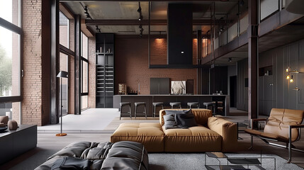 Industrial-style interiors with exposed brick, metal accents, and contemporary furniture, blending raw materials with modern luxury.  Modern Russian Loft interior design 