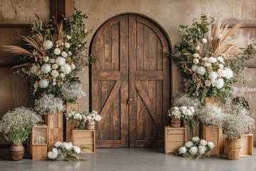 A wooden door with a large archway, surrounded by a variety of flowers