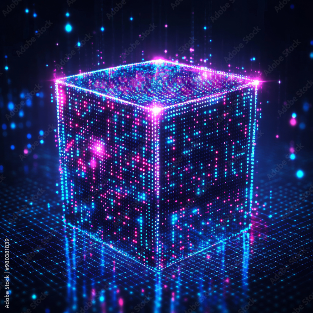 Poster digital background featuring a cube or box made of a matrix of digits. represents a blockchain of ab
