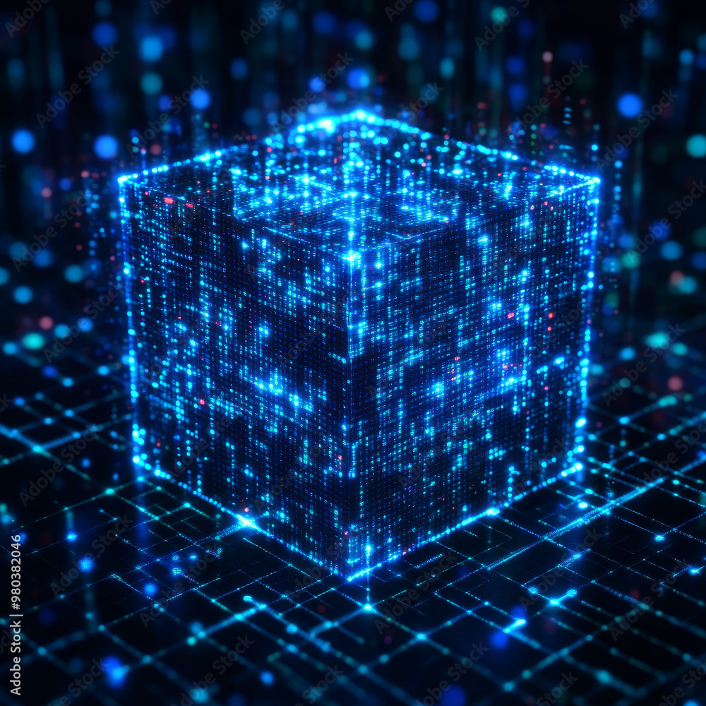 Poster digital background featuring a cube or box made of a matrix of digits. represents a blockchain of ab