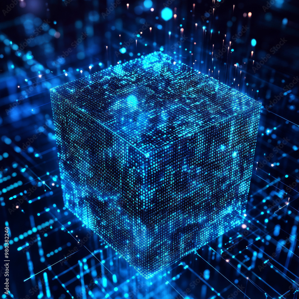 Poster digital background featuring a cube or box made of a matrix of digits. represents a blockchain of ab