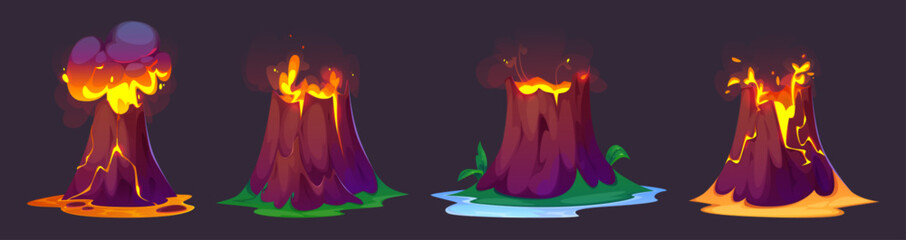 Volcano eruption with flowing lava and smoke cloud on island. Cartoon vector illustration set of game ui Jurassic period landscape elements. Rock mountain erupt and explode with hot orange magma.