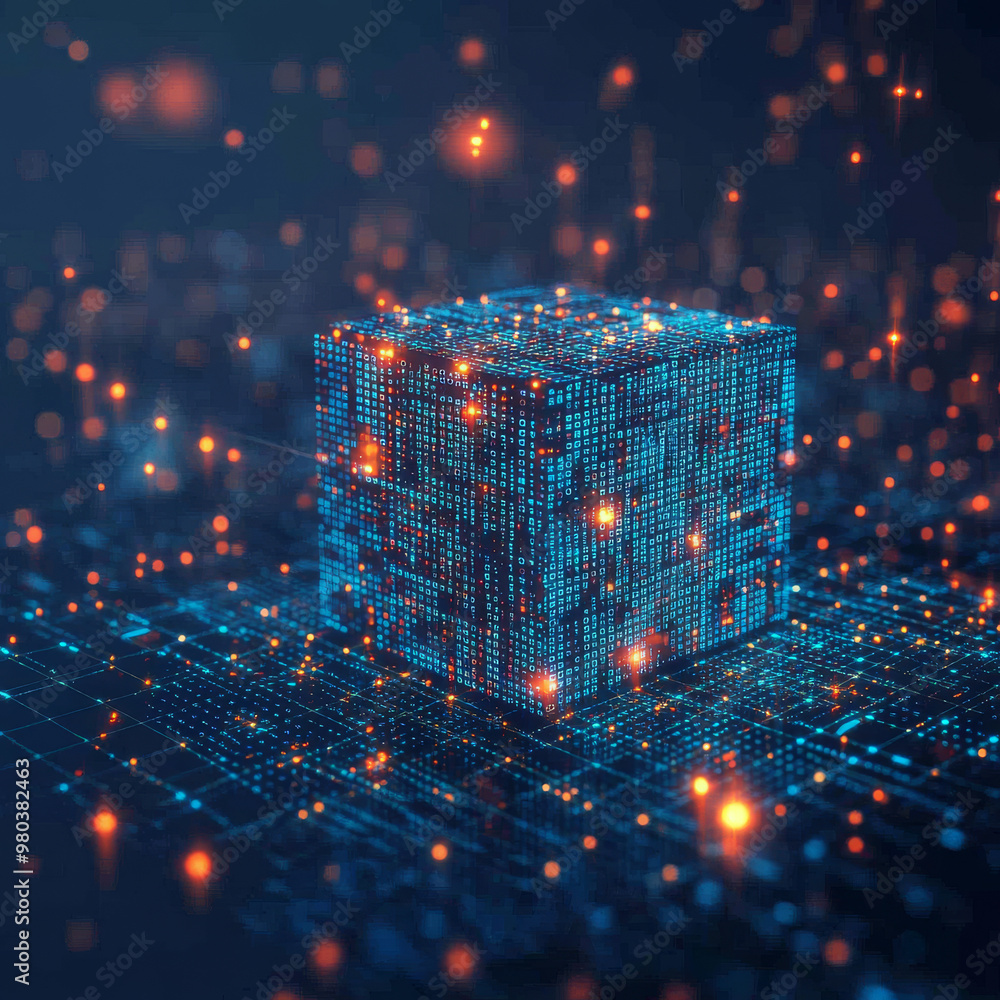 Poster digital background featuring a cube or box made of a matrix of digits. represents a blockchain of ab