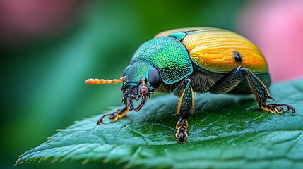 Naklejka premium A close-up of a vibrant green and gold beetle with long antennae perched on a green leaf.