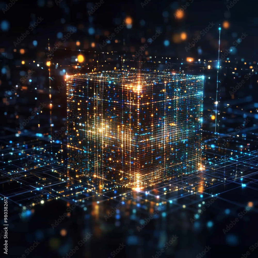 Poster digital background featuring a cube or box made of a matrix of digits. represents a blockchain of ab