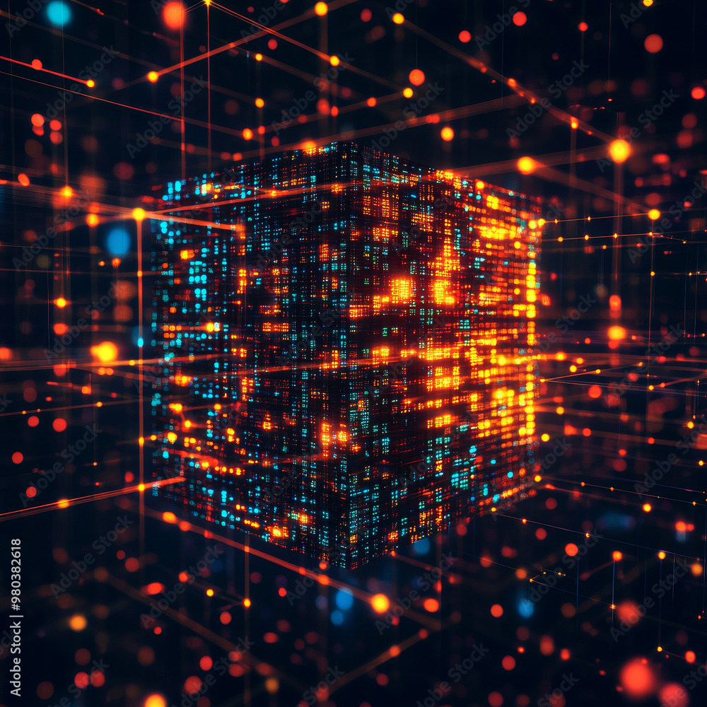 Poster digital background featuring a cube or box made of a matrix of digits. represents a blockchain of ab