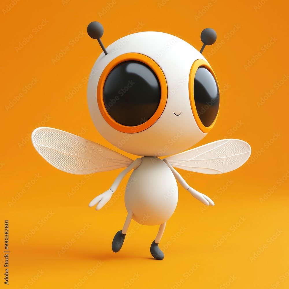 Wall mural cute cartoon fly character with big eyes on orange background