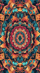 Fototapeta premium A symmetrical kaleidoscope pattern in bright, vibrant colors, with geometric shapes forming a captivating design, perfect for a visually striking mobile wallpaper