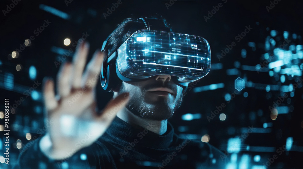 Poster A man wearing a virtual reality headset interacts with an abstract HUD interface. The augmented reality system replaces the user’s hands with robotic arms, enhancing the virtual experience.