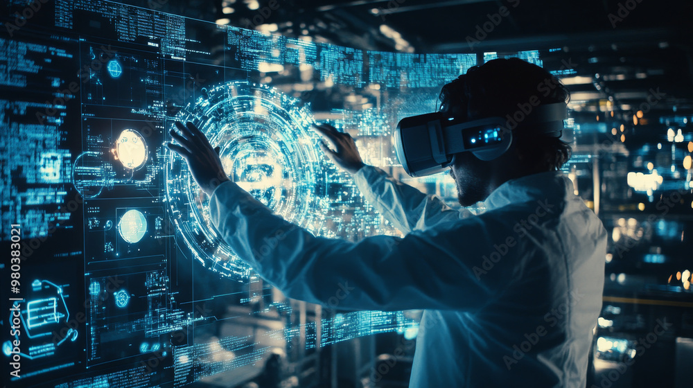 Poster a man wearing a virtual reality headset interacts with an abstract hud interface. the augmented real