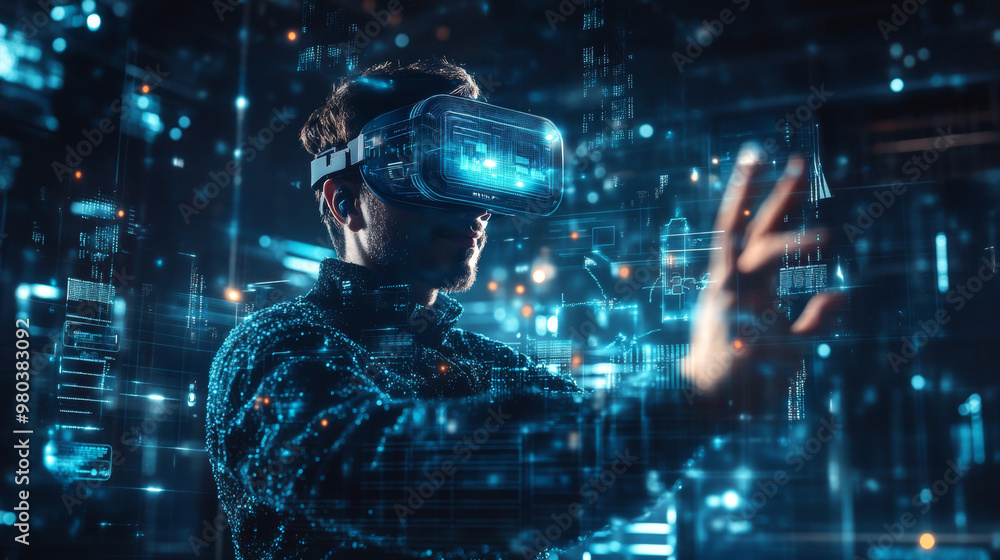 Poster A man wearing a virtual reality headset interacts with an abstract HUD interface. The augmented reality system replaces the user’s hands with robotic arms, enhancing the virtual experience.