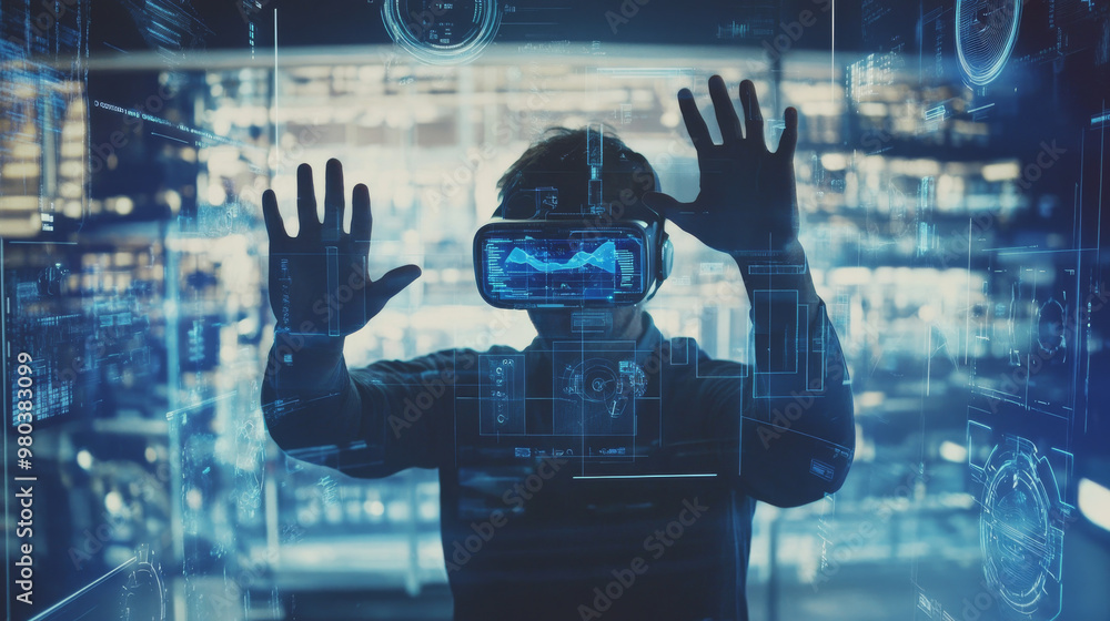 Poster A man wearing a virtual reality headset interacts with an abstract HUD interface. The augmented reality system replaces the user’s hands with robotic arms, enhancing the virtual experience.