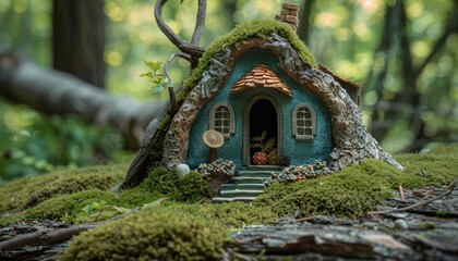 Enchanted forest fairy house nestled among lush foliage and vibrant mushrooms