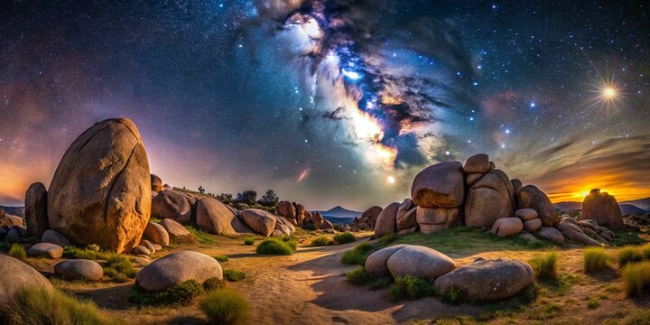 Above a rolling expanse of weathered granite, the Milky Way galaxy stretches across the dark sky, its stars