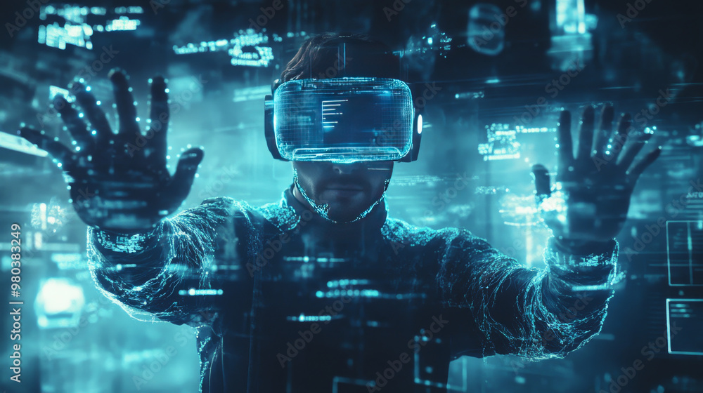 Poster A man wearing a virtual reality headset interacts with an abstract HUD interface. The augmented reality system replaces the user’s hands with robotic arms, enhancing the virtual experience.