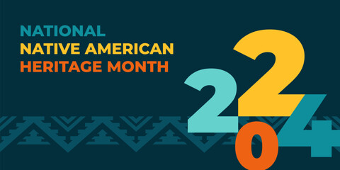 Native american heritage month 2024 greeting. Vector banner, poster, card, content for social media with text Native american heritage month, november. Green background with native tribal pattern