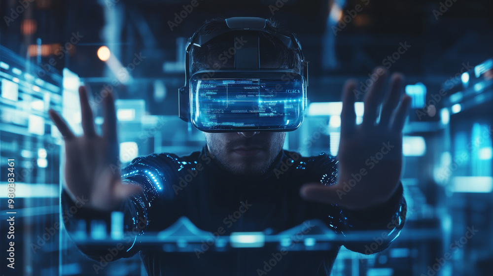 Poster a man wearing a virtual reality headset interacts with an abstract hud interface. the augmented real