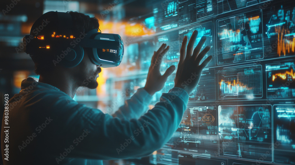 Poster a man wearing a virtual reality headset interacts with an abstract hud interface. the augmented real