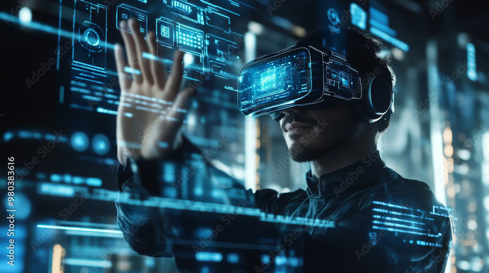 Poster a man wearing a virtual reality headset interacts with an abstract hud interface. the augmented real