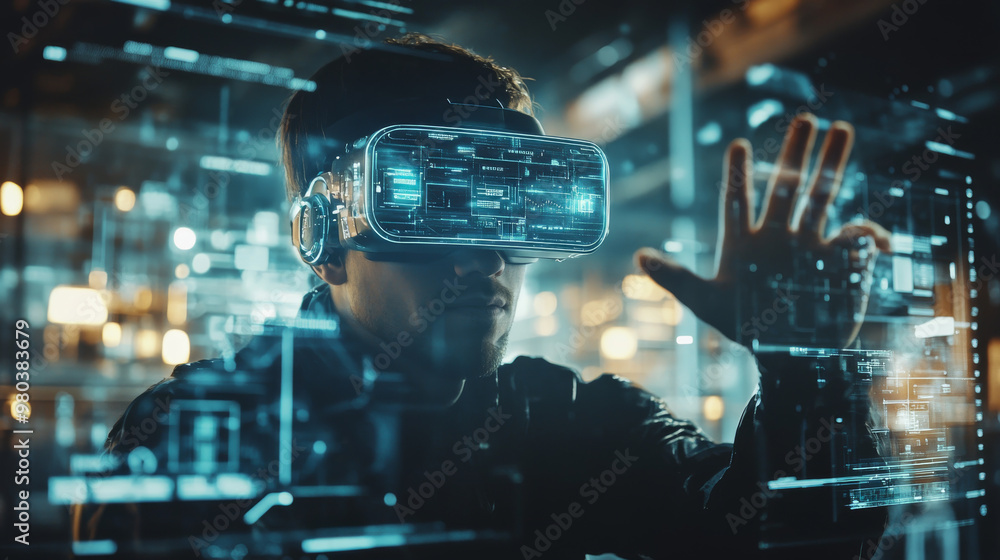 Poster a man wearing a virtual reality headset interacts with an abstract hud interface. the augmented real