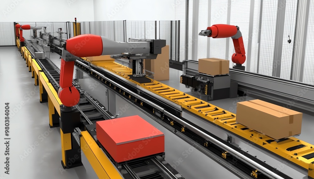 Poster automated conveyor belt system with robotic arms handling packages