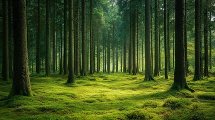 Fototapeta premium A dense, evergreen forest with tall, straight trees and a carpet of soft moss.