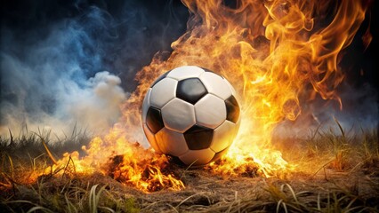 Fototapeta premium A burning soccer ball rests on parched earth, surrounded by a haze of smoke that slowly drifts across