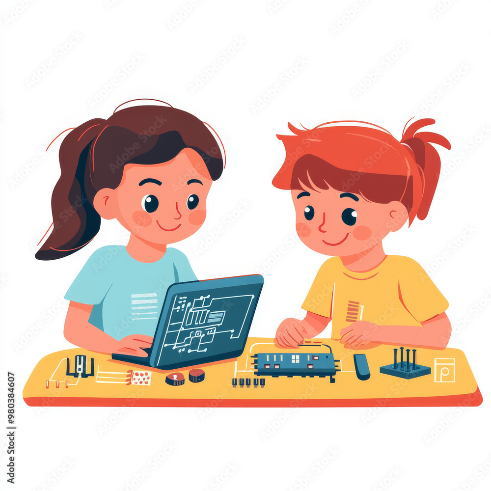Poster electronics engineering and hardware programming for teenagers:a boy and girl are programming on a l