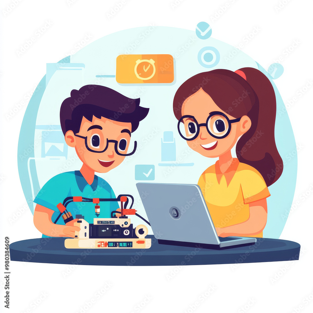 Poster electronics engineering and hardware programming for teenagers:a boy and girl are programming on a l