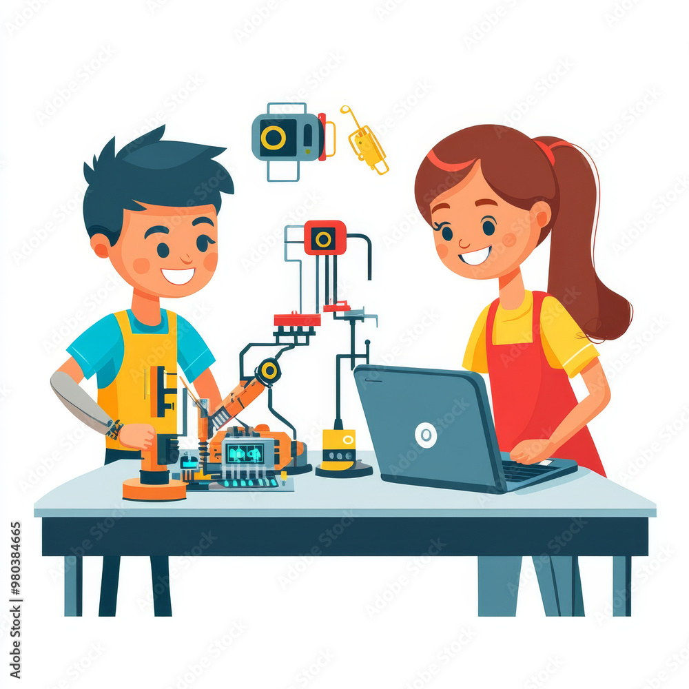 Poster electronics engineering and hardware programming for teenagers:a boy and girl are programming on a l