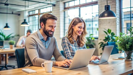Male and female colleagues working together in modern coworking space
