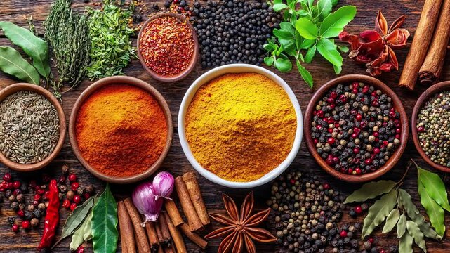 A colorful array of spices and herbs. Colorful spices, nuts, seeds, dried fruits, and herbal flowers. Seasoning spices background. Culinary traditions. Spices for cooking. Natural ingredients. Healthy