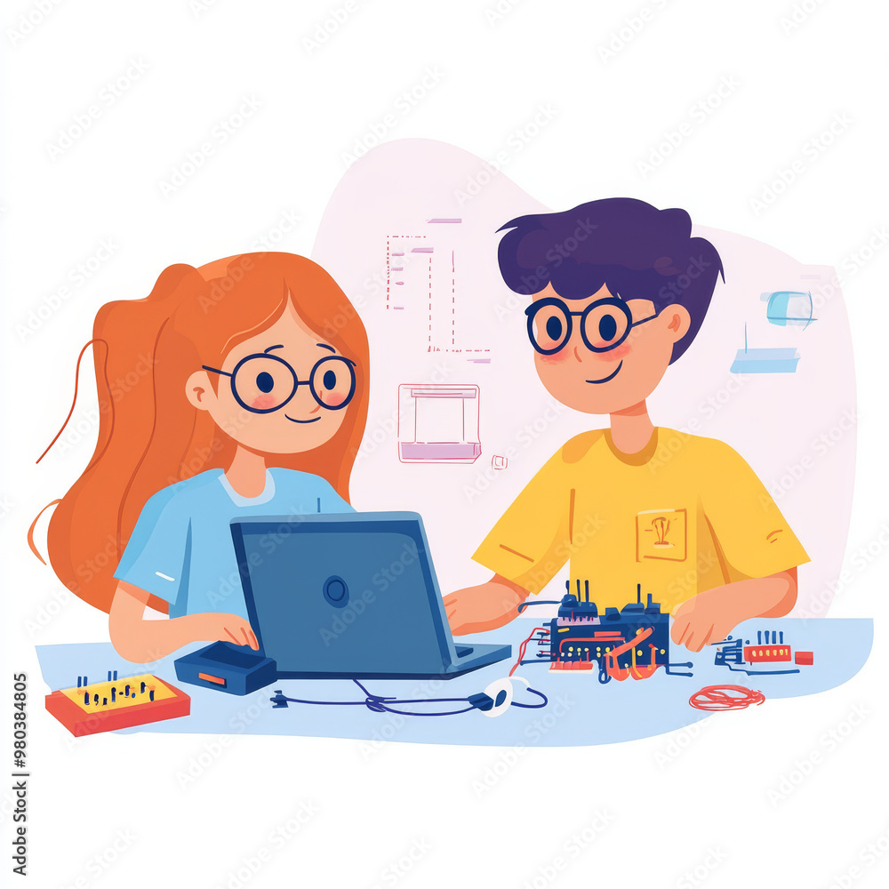 Poster electronics engineering and hardware programming for teenagers:a boy and girl are programming on a l