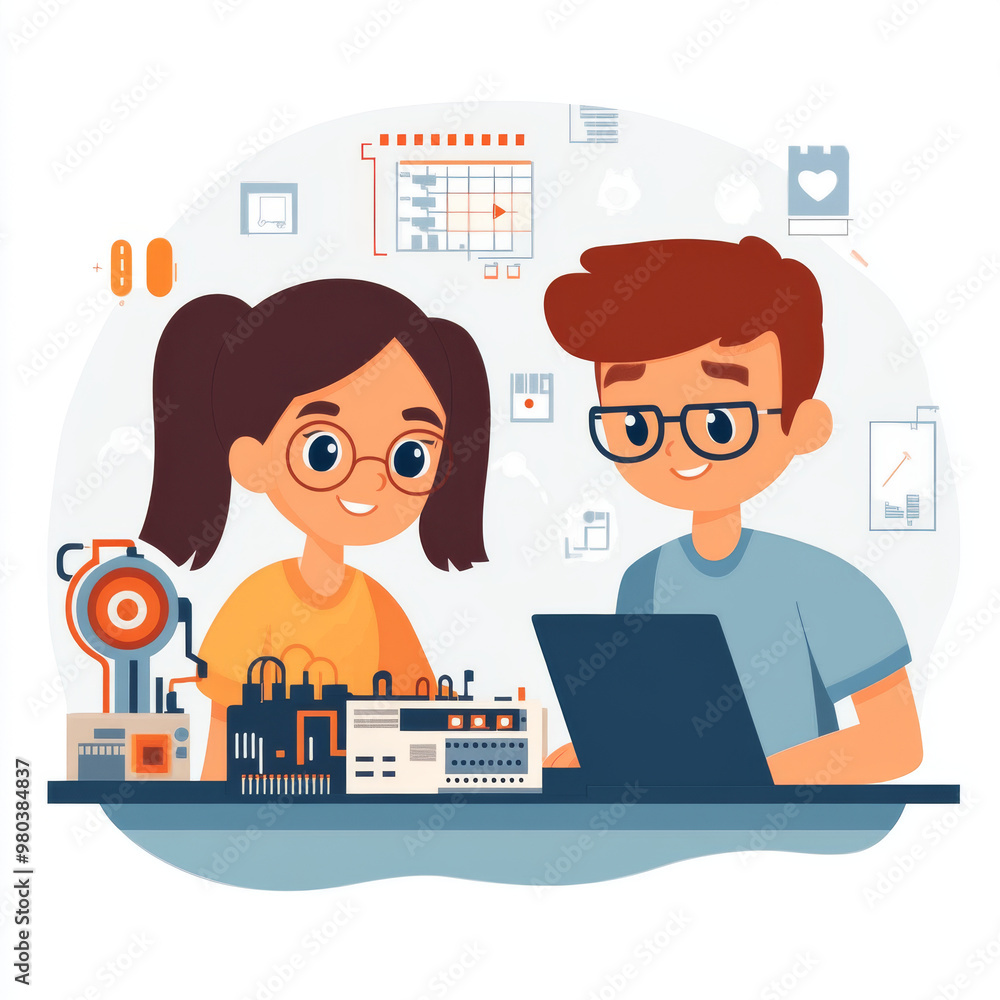 Poster electronics engineering and hardware programming for teenagers:a boy and girl are programming on a l