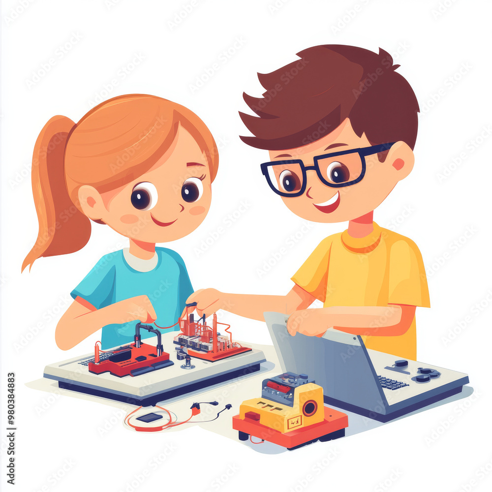 Poster electronics engineering and hardware programming for teenagers:a boy and girl are programming on a l
