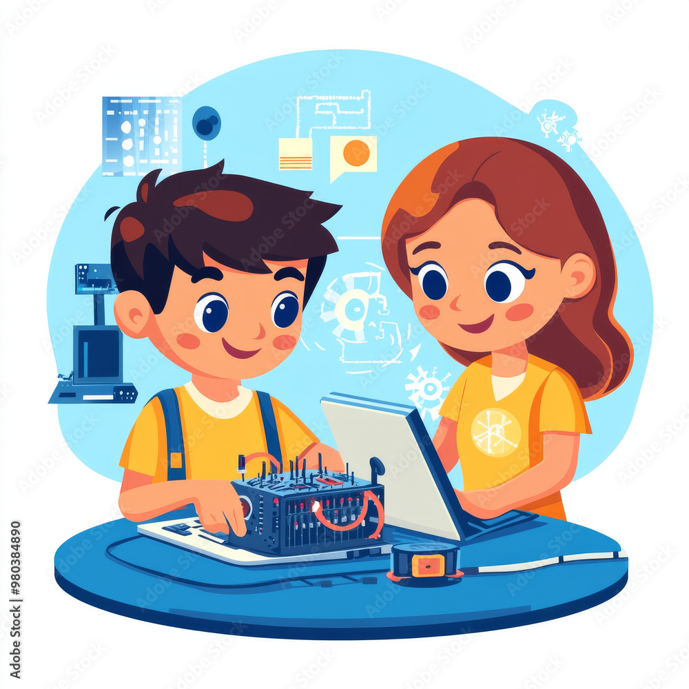 Poster electronics engineering and hardware programming for teenagers:a boy and girl are programming on a l