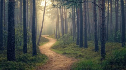 Obraz premium A dense pine forest with a winding path leading through it.