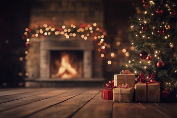 fireplace with christmas gifts and fairy lights