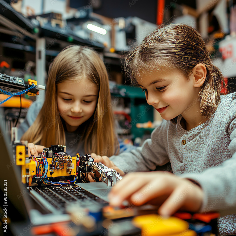 Poster electronics engineering and hardware programming for teenagers:a boy and girl are programming on a l