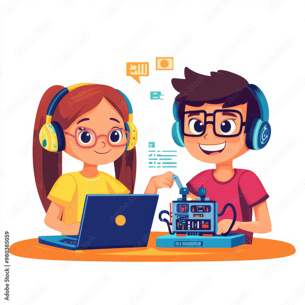 Poster electronics engineering and hardware programming for teenagers:a boy and girl are programming on a l